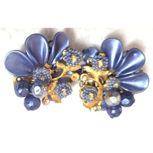 Vtg 1950s Glamorous Hollywood Celluloid Floral Statement Blue Clip On Earrings - Picture 2 of 5
